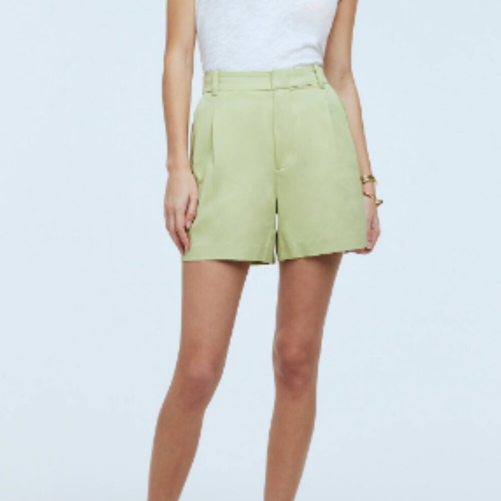 Madewell The Harlow Linen High Rise Drapey Pleated Twill Short Light Green NWT